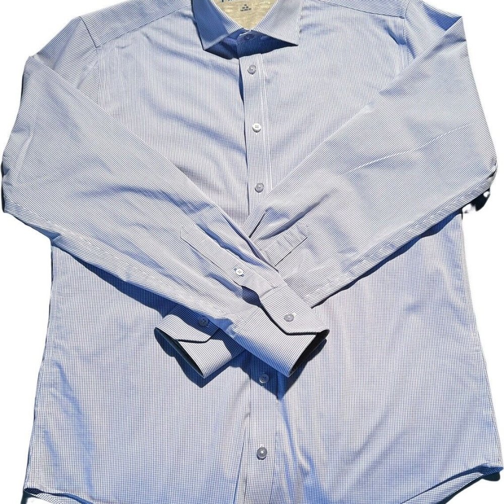 Twillory Mens Button Up Dress Performance Shirt Tailored Fit Blue White 16 34-35